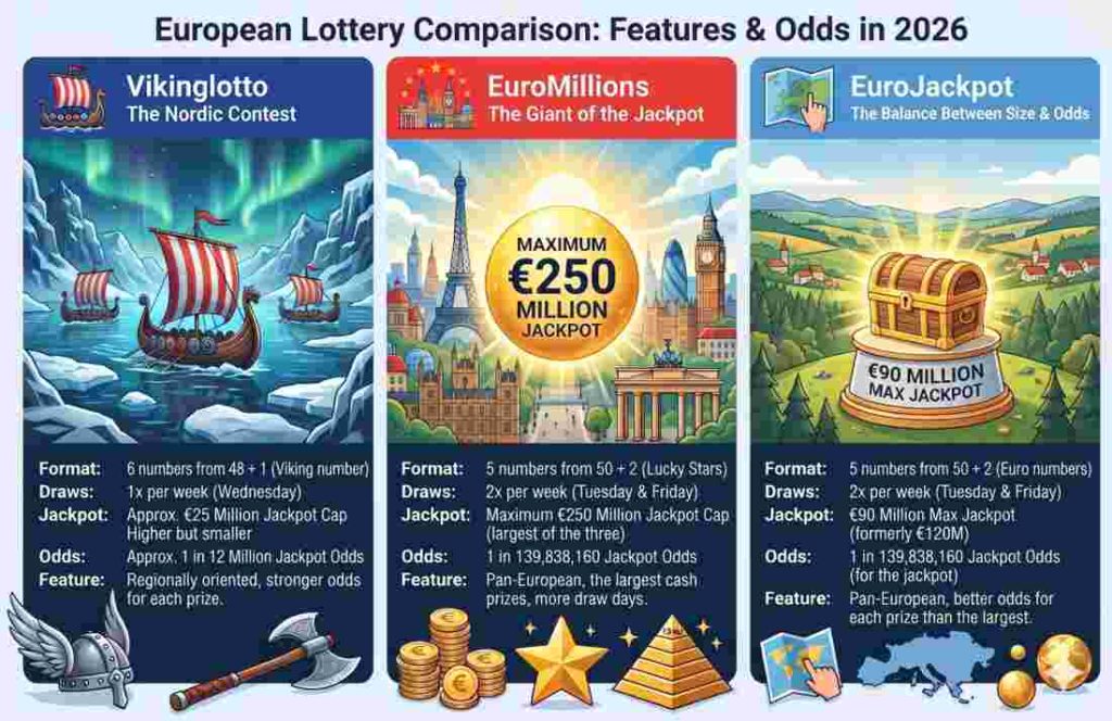 picture of the 3 lottos to compare the draws jackpot and odds of vikinglotto euromillions and eurojackpot